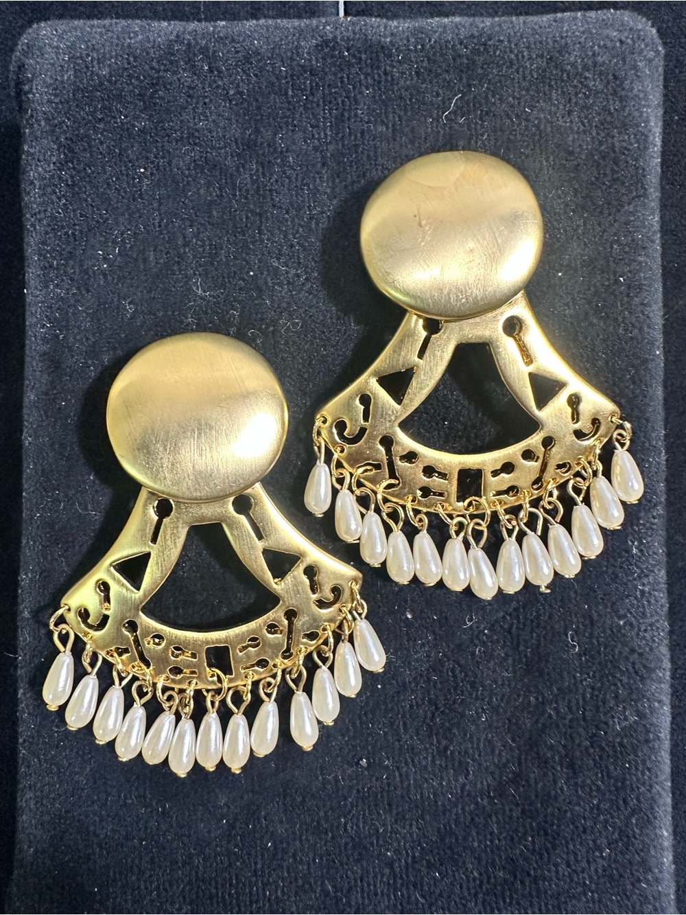 NOS/ Vtg Matte Gold Open Cut, Faux Pearl Oversized Dangle Earrings